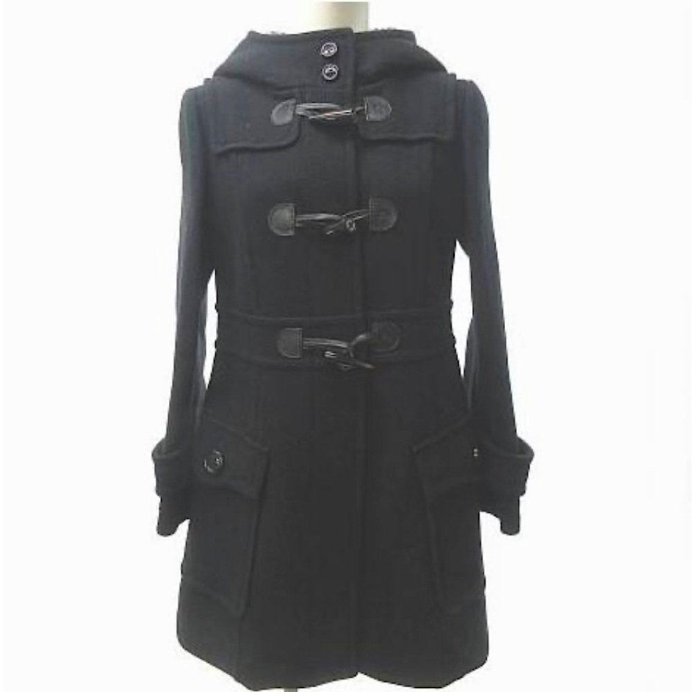 💯 AUTHENTIC BURBERRY BLUE LABEL duffel coat jacket hooded lining black 4 US